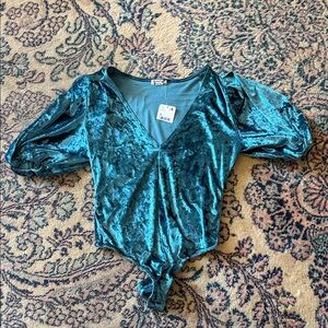 Free People Deep Teal V-Neck Bodysuit with Puff Sleeves